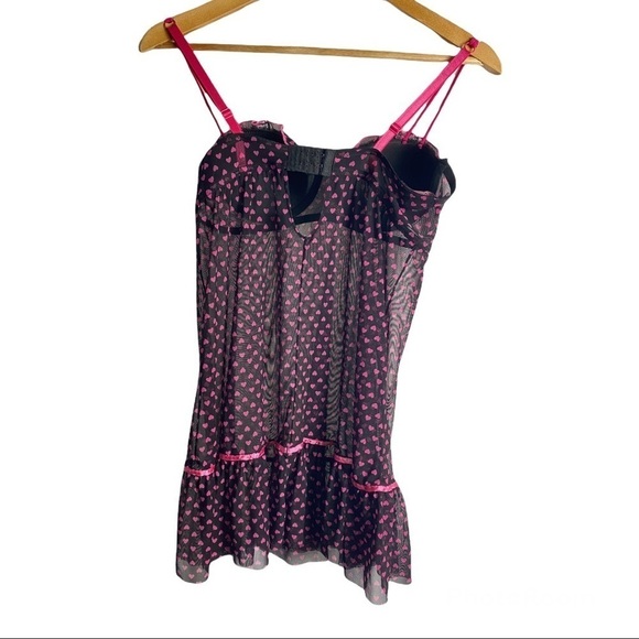 Barbie Per Lei Vintage Y2K Heart Print Black Pink Sheer Lingerie Babydoll Teddy - Picture 3 of 6